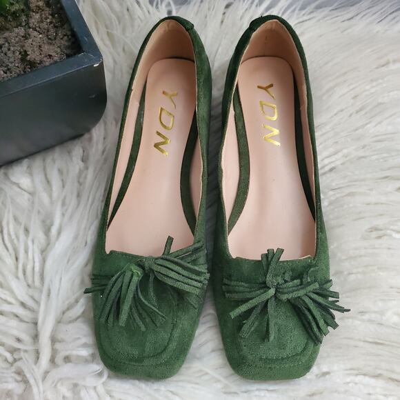 YDN Green Square Toe Chunky Block Low Heel Slip On Suede Loafers Size 6 - Picture 2 of 11